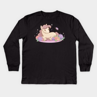 Cute Pony and Butterfly for Horse Lovers Kawaii Aesthetic Kids Long Sleeve T-Shirt